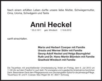 Traueranzeige von Anni Heckel von Pegnitz-Zeitung